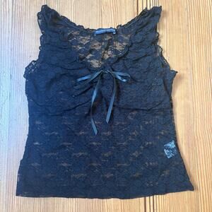 Brandy Melville black lace sheer babydoll ribbon bow tank SIZE OS